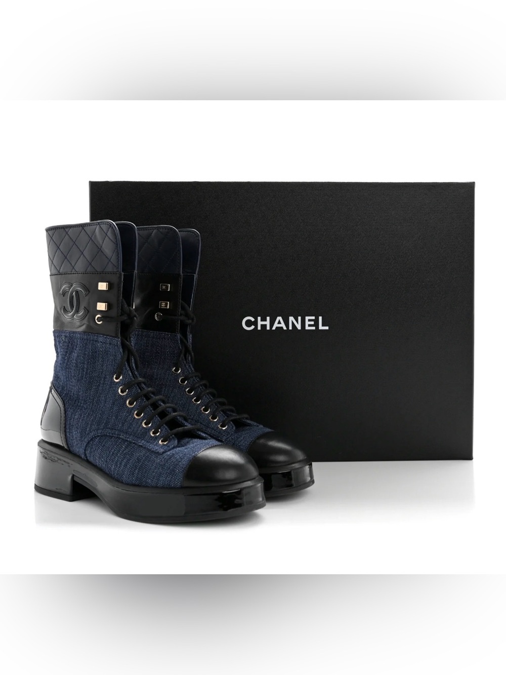 CHANEL Denim Leather Combat High Bootie 37.5